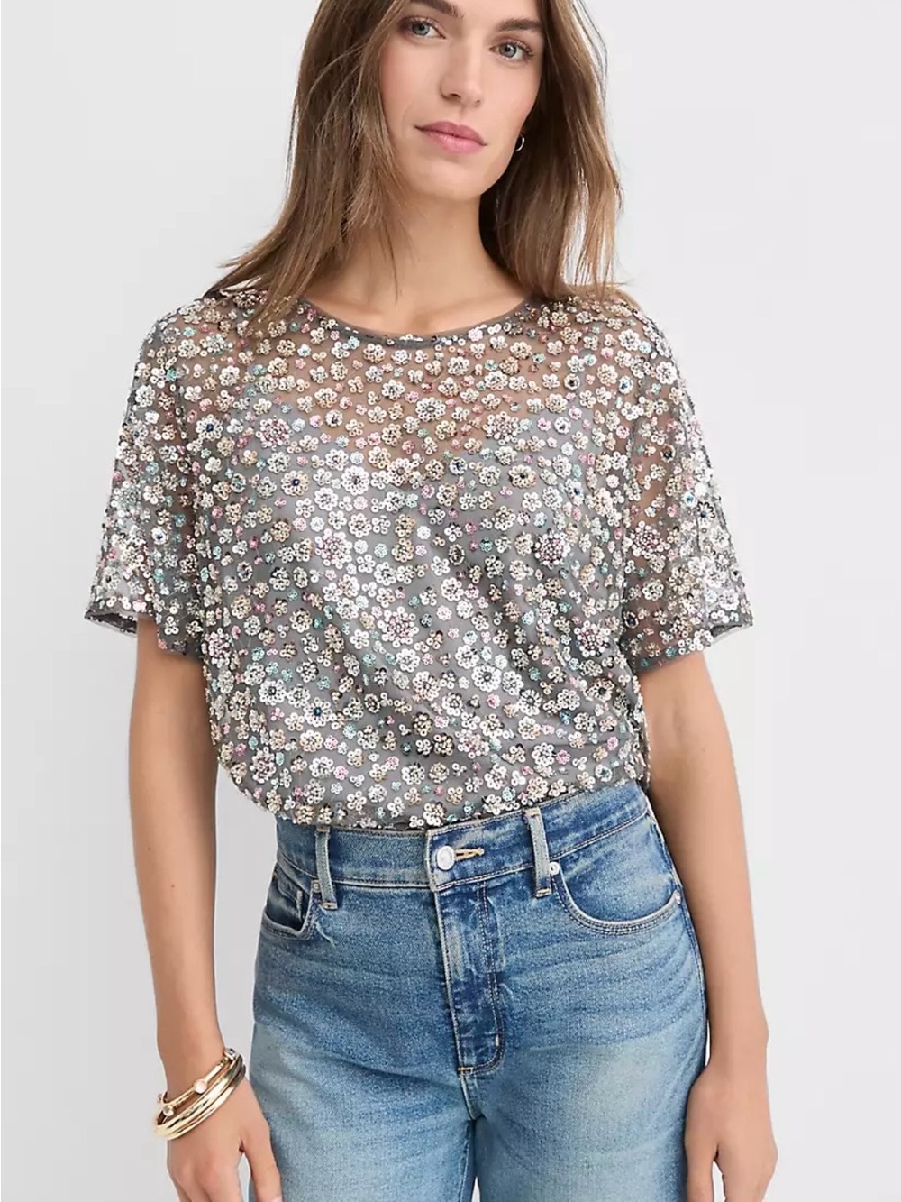 LOFT Silver Sequin Floral Mesh Short Sleeve Tee